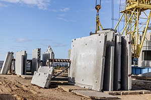 Many precast concrete wall panels are stocking in the storage area waiting for installation at construction site
